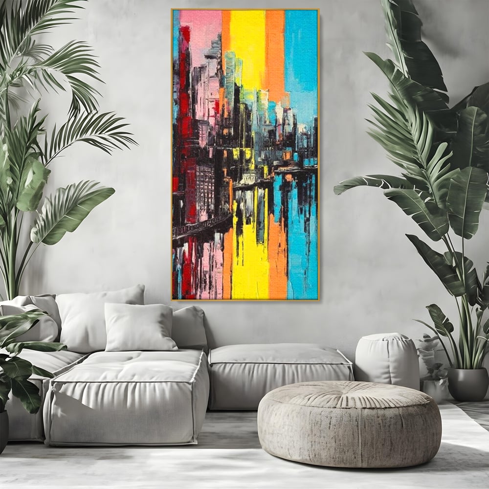 Tablou canvas cu tablou abstract cu cladiri si reflexii, in rama de aluminiu auriu, pe perete intr-un living